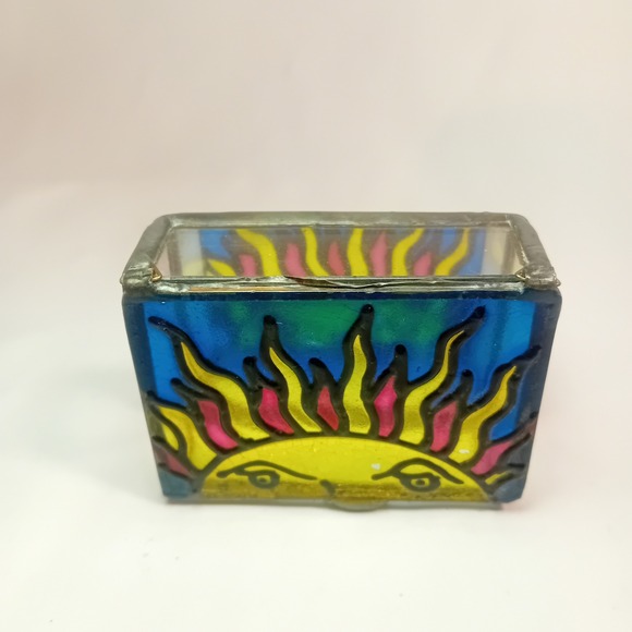 Vintage 90s Whimsigoth Mini Stained Glass Trinket Jewelry Snuff Box Sun W Mirror - Picture 5 of 15